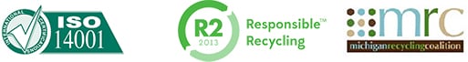 Partner accreditations - ISO 14001, R2 Responsible Recycling, Michigan Recycling Coalition