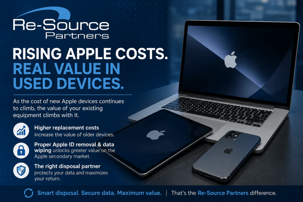 Apple devices with the "rising apple costs" title on the left